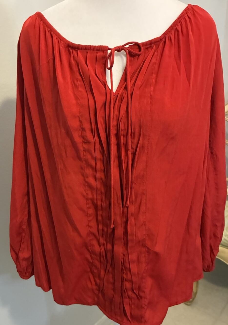 Red Peasant Boho Pleated Blouse Holiday Flowy Bell Sleeves Fairy Whimsygoth M